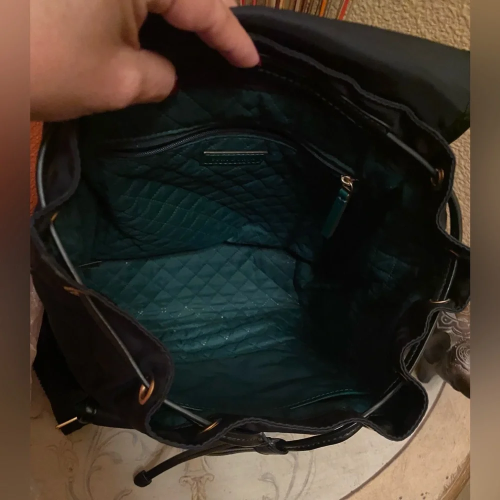 TORY BURCH- EUC Perry Black Nylon Quilted Green Interior Flap Cinched Backpack